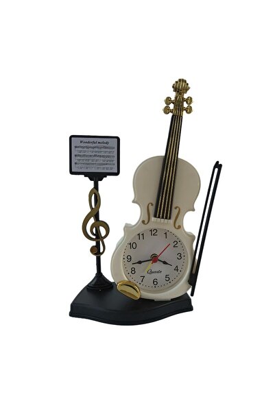 OEM Ceas din plastic, de masa, in forma de vioara cu portativ, alb, 14x21 cm