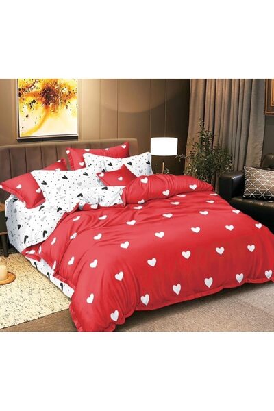 OEM Double bed linen set, satin cotton, 4 pieces, 2 persons, 240x250cm, heart, red-white