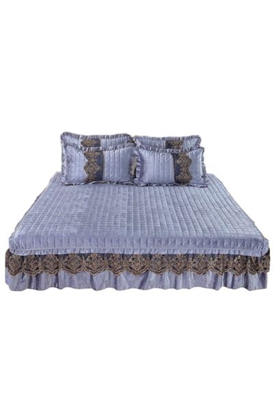 OEM Pilota și 2 fețe de pernă, catifea luxoasă cu volane, 3 piese, dublă, 180x200cm, albastră