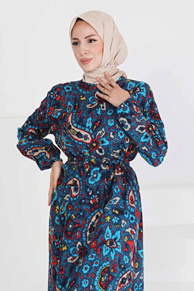 TOFİSA Desenli Kuşaklı Elbise Lacivert - 27472