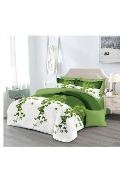 OEM Double Bed Linen, 6 Pieces, 2 Persons, 180x200 cm, Green Leaf Print, Multicolor