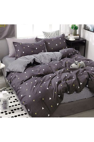 OEM Reversible Bed Linen Set, Elastic Sheet, Fine Triangles, 1 Person, 4 Pieces, 140x200cm, Dark Gray-Wh
