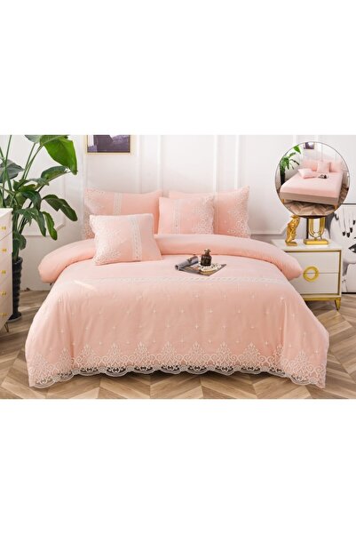 OEM Elegant bed linen set, fine cotton lace, 6 pieces, double bed, 180x200cm, two-tone white-salmon