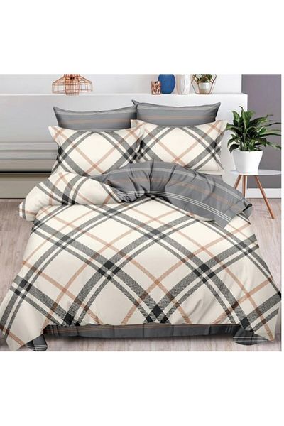 OEM Double bed linen with two designs, plaid print, 6 pieces, for 2 persons, 180x200cm, Satin Finet, Bei