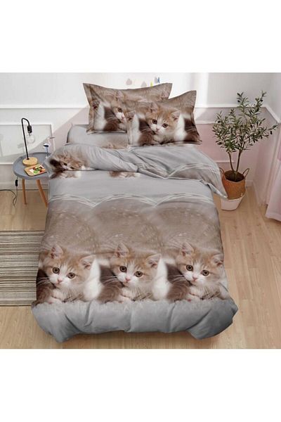 OEM Bed Linen, Finet, 3D Print, 4 Pieces, Single Size, 155x200cm, Cats, Beige Shades