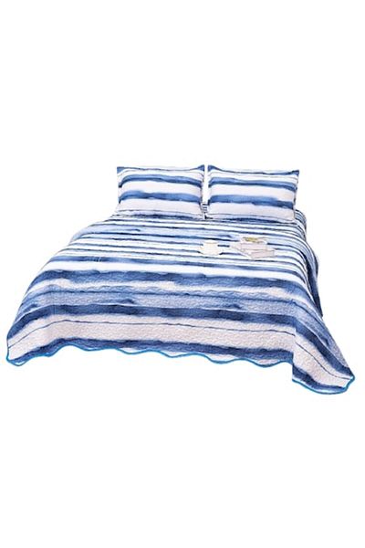 OEM Cuvertura de pat, Microfibra, 3 piese, 2 persoane, 220x240cm, Imprimeu Dungi, Alb-Albastru