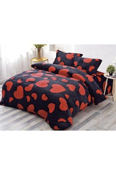 OEM Double Bed Sheet Set, Cocolino, 4 Pieces, For 2 People, 180x200 cm, Heart Print, Black-Red