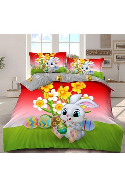 OEM Lenjerie de pat, Finet, 4 piese, 2 persoane, 230x250cm, Imprimeu Paște fericit M10, Multicolor