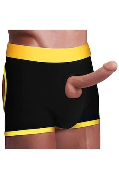LOVETOY Pantaloni scurți sexy cu strap-on, negri cu galben, XS/S