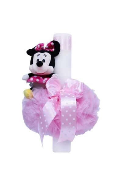 OEM Λαμπάδα Βάπτισης, Τούλι και Πελούς, Minnie Mouse, 35x5εκ., Ροζ