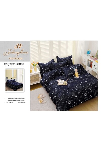OEM Lenjerie de pat dublă, bumbac satinat, 4 piese, imprimeu constelații, bleumarin-alb
