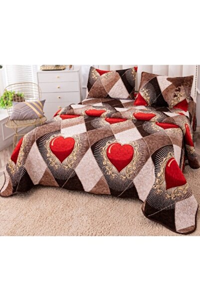 OEM Bedspread, Cotton and Linen, 3 pieces, 2 people, 230x250cm, Hearts Print, Multicolor