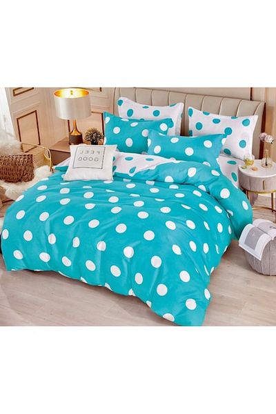 JOJO HOME Lenjerie de pat, Jojo Home, 4 piese, 1 persoana, imprimeu Buline, 155x230cm, Albastru Deschis-Alb