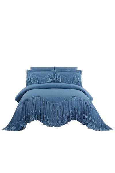 JOJO HOME Blanket and 2 pillowcases with Embroidered Ruffles, 2-person, 3 pieces, 220x280cm, Dark Blue