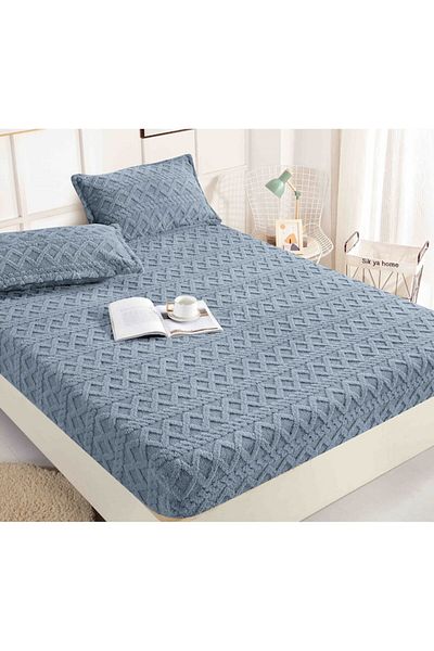 JOJO HOME Cuvertură de pat Cocolino și 2 fețe de pernă, Tricot, Jojo Home, Uni, 3 piese, 2 persoane, 180x200cm, Albastru