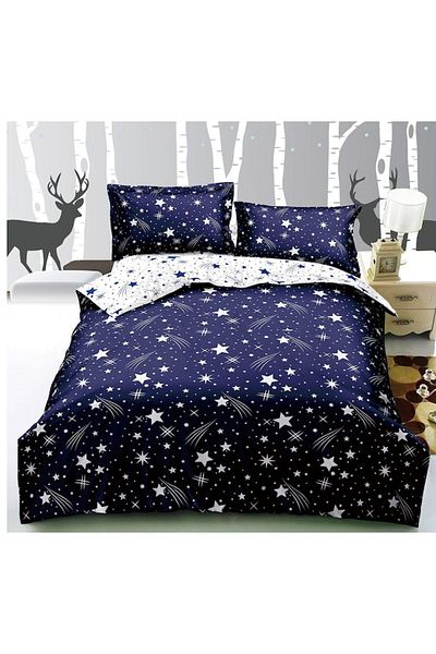OEM Cearșaf de pat dublu cu elastic, 4 bucăți, 180x200cm, imprimeu steluțe albastre, Finet