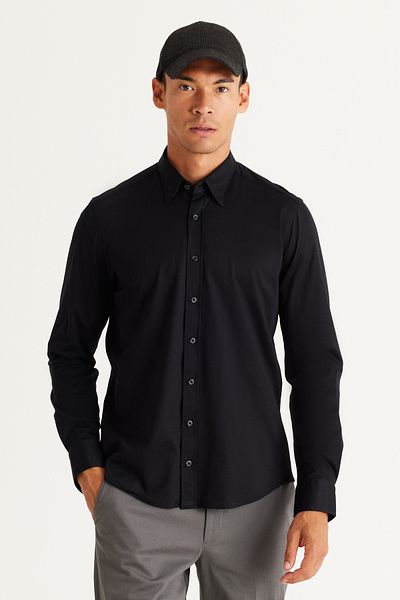 AC&Co / Altınyıldız Classics Men's Black Slim Fit Narrow Cut Hidden Button Collar 100% Cotton Shirt