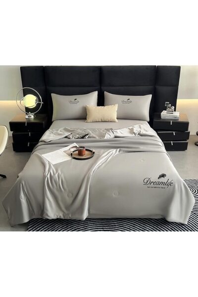 OEM Double bed linen set with summer duvet, Uni, 4 pieces, 2 persons, 240x245cm, Silk, Grey