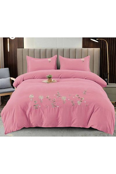 Pucioasa Double Bed Linen Lux, Pucioasa, Embroidered Model M1, Finet, 4 Pieces, Dark Pink