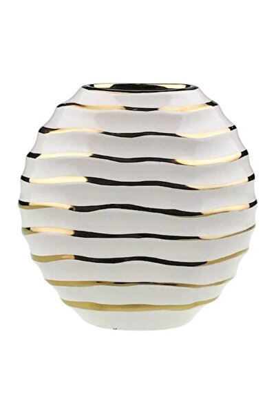 OEM Vază ceramică, rotundă, cu dungi orizontale, 19x20 cm, albă