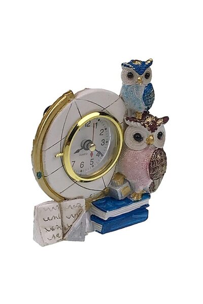 OEM Decoratiune cu ceas, Glob Pamantesc si Bufnite, Rasina si Plastic, 12x13cm, multicolor