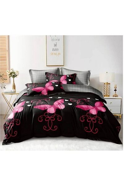 OEM Double bedding set, 6 pieces, 2 persons, 180x200 cm, pink butterfly print, multicolor