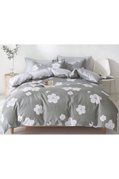 OEM Double Bedding Set, Satin Cotton, 4 Pieces, Grey-White Print, 200x230cm