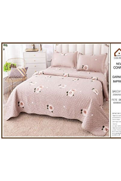 OEM Cuvertura de pat, Bumbac si IN, 3 piese, 2 persoane, 230x250cm, Imprimeu Bujori, Multicolor