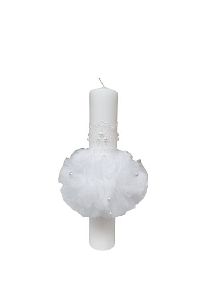 OEM Lumânare de botez, decorată cu tul și perle albe, 35 cm, albă