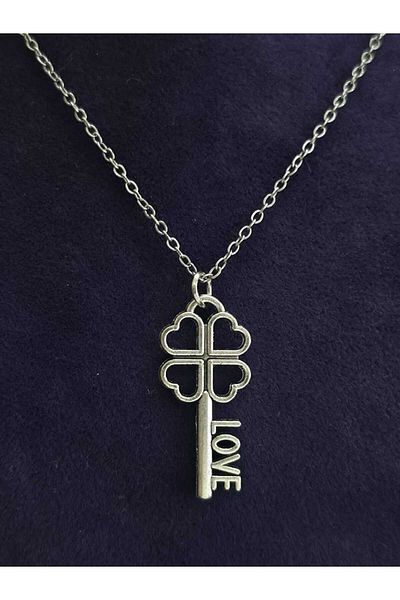 sarıyer silver Key Model Love Written Love Lover Themed Special Design Love Luck Icon Key Steel Necklace