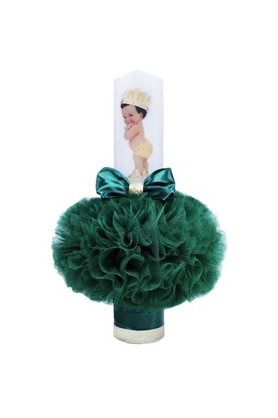 OEM Lumânare de botez, tul, imprimeu cu bebeluși, 35x7cm, verde smarald