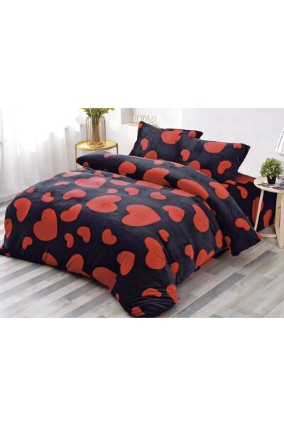 OEM Double bed sheet set, Cocolino, 4 pieces, for , 180x200 cm, heart, black-red