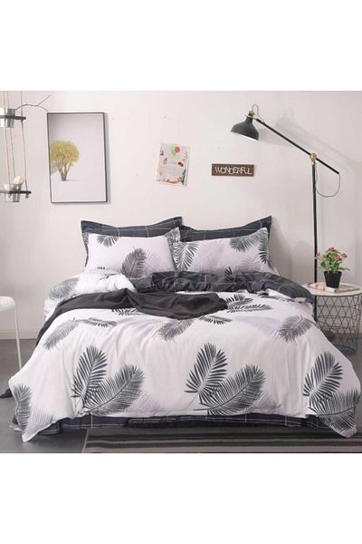 OEM Bed Linen Set, Elastic Sheet, Satin Cotton, 2 Persons, 4 Pieces, Feather Print, 180x200cm, Gray-Whit