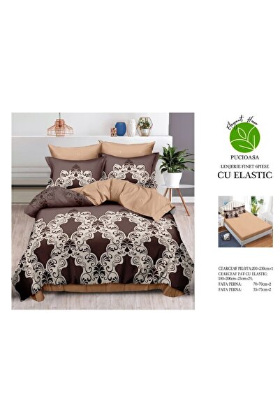 OEM Double bed linen, Lace print, 6 pieces, 2 persons, 180x200cm, Fine Satin, Beige-Brown