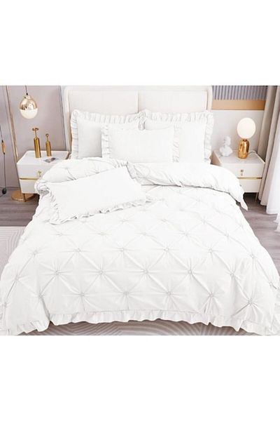 OEM Lenjerie brodată de pat dublu, Finet, Uni, 4 piese, 2 persoane, 230x250cm, Alb