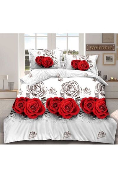 OEM Double Bed Set, Red Rose Print, 4 Pieces, 2 Persons, 240x250cm, Satin Cotton, Multicolor