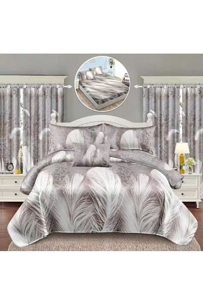 OEM Bed Linen and Curtains, 8 Pieces, Elastic Sheet, 2 Persons, Elegant Finet, Feather Print, Gray-White