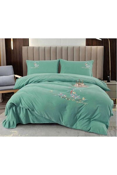 OEM Set de lenjerie de pat dublu cu broderie, Finet, 4 piese, 245x250cm, verde