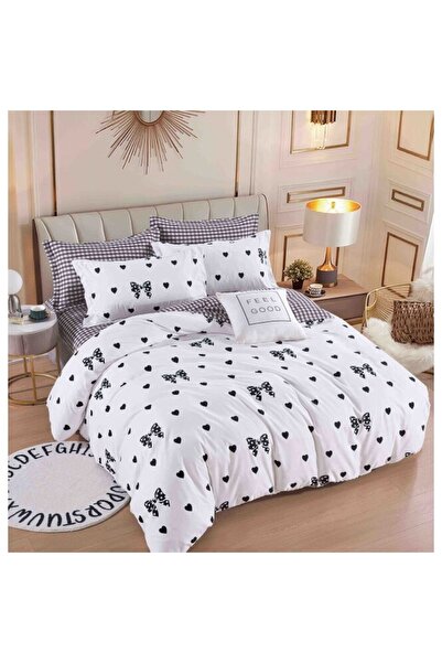 JOJO HOME Lenjerie de pat, Jojo Home, Imprimeu Fundite, 6 piese, 2 persoane, 245x250cm, Finet Superior, Alb-Ne