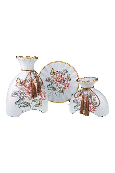 OEM Set din ceramica format din doua vaze si o farfurie decorativa cu flori si fluturi, 43x25 cm alb