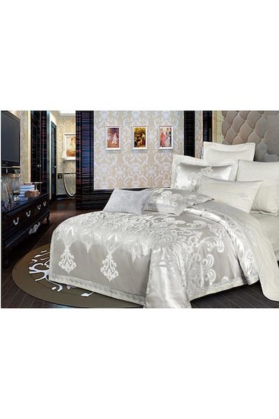 OEM Lenjerie pat dublu 2 fete de perna 6 piese Jacquard, 2 persoane, 240x250cm, gri deschis