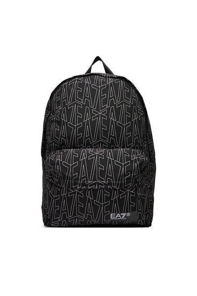 EA7 Unisex Front Zipper Pocket Detail Black Backpack with Brand Texts Everywhere Pattern 7X000001 Af10465-