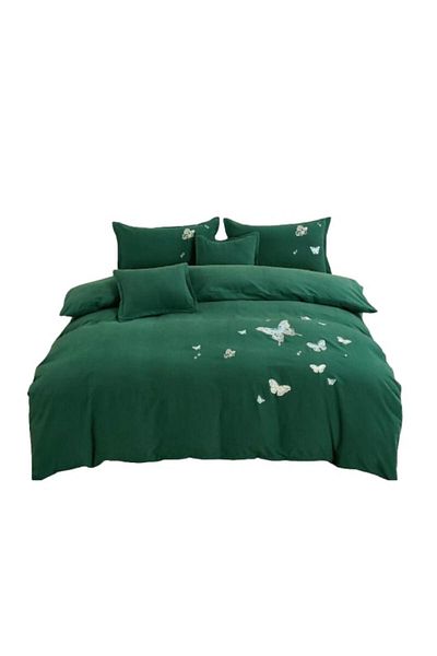 OEM Double bed linen set, elastic, 180x200 cm, butterfly print, bottle green
