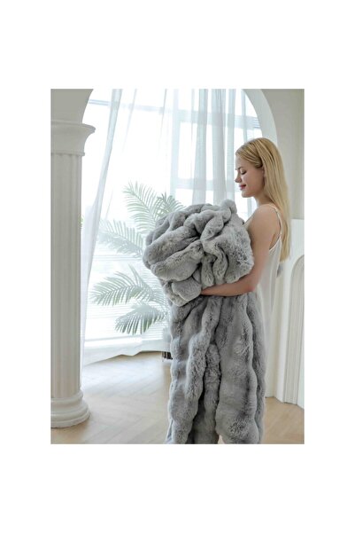 JOJO HOME Patura Model Lux, Blana Artificiala Iepure, cu Fermoar, 200x230cm, Gri Deschis