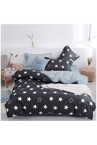 OEM Double Bed Sheet, Satin Cotton, 4 Pieces, Star and Stripe Print, Gray-White