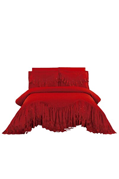 JOJO HOME Duvet cover and 2 pillowcases, with Embroidered Ruffles, 2 persons, 3 pieces, 220x280cm, Red