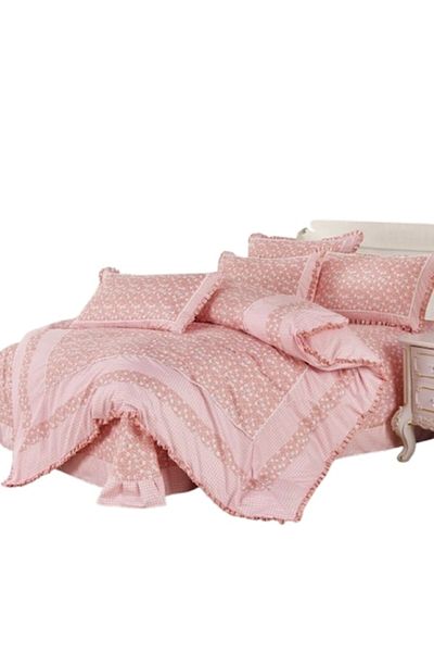 OEM Luxury Bedding with Ruffles, Finet, 4 Pieces, Floral Print, Pink