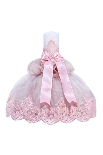 OEM Baptism Candle, Embroidered Tulle and Satin Ribbon, 45x7cm, Powder Pink