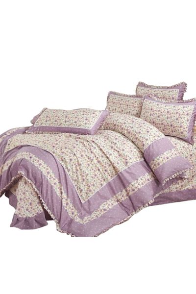 OEM Luxury Bedding Set with Ruffles, 4 Pieces, Floral Print, Lilac-Ivory