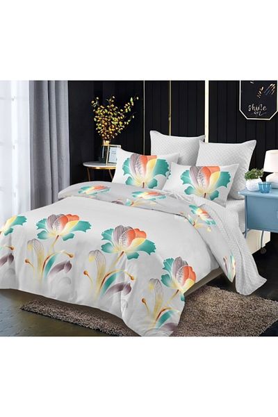 OEM Lenjerie de pat, Finet, 6 piese, 2 persoane, Imprimeu Flori Multicolore, 230x250cm